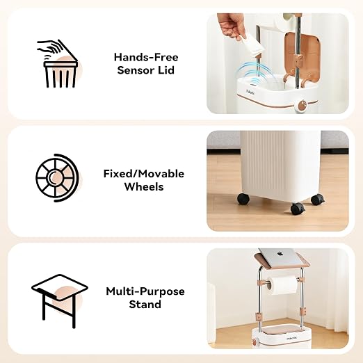 Pukomc Automatic Trash Can, 3.2 Gallon Bathroom Garbage Can | Mobile Rolling Wheels, Height-Adjustable Stand Tilting, Technology Sensor Waterproof Wastebasket for Bedroom Office Bathroom