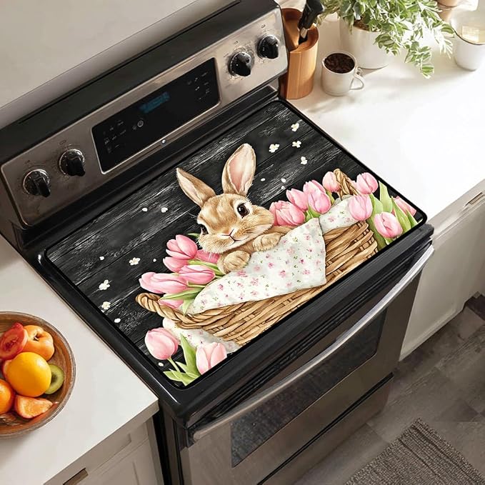 Easter Bunny Electric Stove Top Cover Protector,Rustic Flower Basket Stove Top Covers for Gas Burners,Pink Tulips Cooktop Mat for Ceramic Glass Cooktop Protector,Glass Top Stove Cover