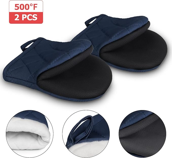 Goldmeet Mini Oven Mitts 2-Pack, 7"x5.5", 500°F Silicone Grip, Navy Blue | Non-Slip, Heat Resistant, Machine Washable, Hanging Loop, Fits Small Hands, for Baking Grilling BBQ Cooking