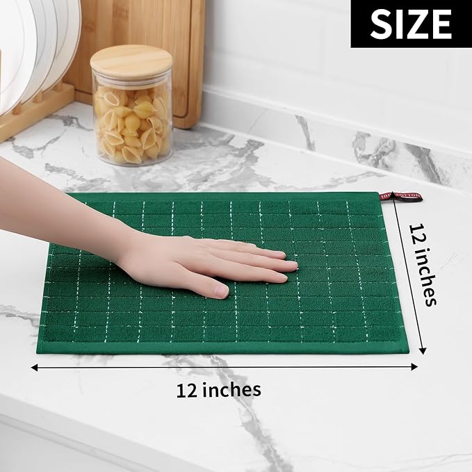Homaxy 100% Cotton Terry Kitchen Dish Cloths, 12 Pack, Dark Green | Ultra Soft and Absorbent, Suitable for Drying and Washing Dishes