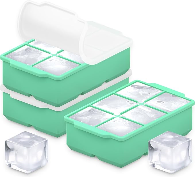 KitchFort® Large Silicone Ice Cube Tray (3-Pack) - 2" Big Ice Mold with Lid | Easy Release, Cocktail, Whiskey Ice Cubes Mold - Food Grade - Ice Cube Trays for Freezer - Stackable Silicone Ice Tray