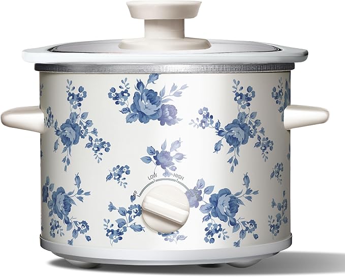 COOK WITH COLOR 2QT Mini Electric Round Slow Cooker - Adjustable Settings, Removable Stoneware Pot, Tempered Glass Lid, Dishwasher Safe, Cool-Touch Side Handles, Floral Blue