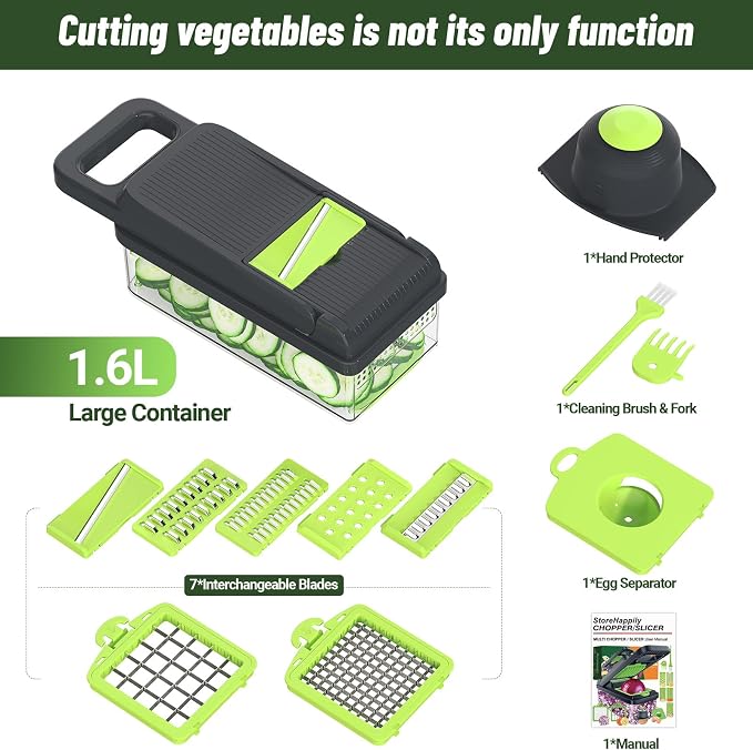 12-in-1 Vegetable Chopper 7 Blades, Veggie Cutter with Handle, Green/Grey | Stainless Steel Blades, Food Container and Lid, Dicer, Slicer, Julienne, Egg Separator, Non-slip Base, Include Cleaning Tools