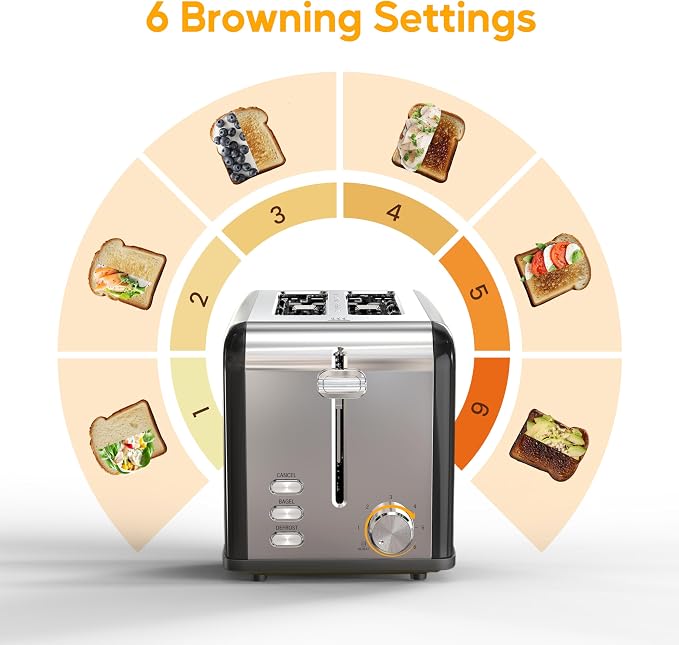 HealSmart 2-Slice Stainless Steel Toaster, 6 Browning Setting and 3 Function Toaster, Extra Wide Slot & Removable Crumb Tray, for Bread & Waffle, Black