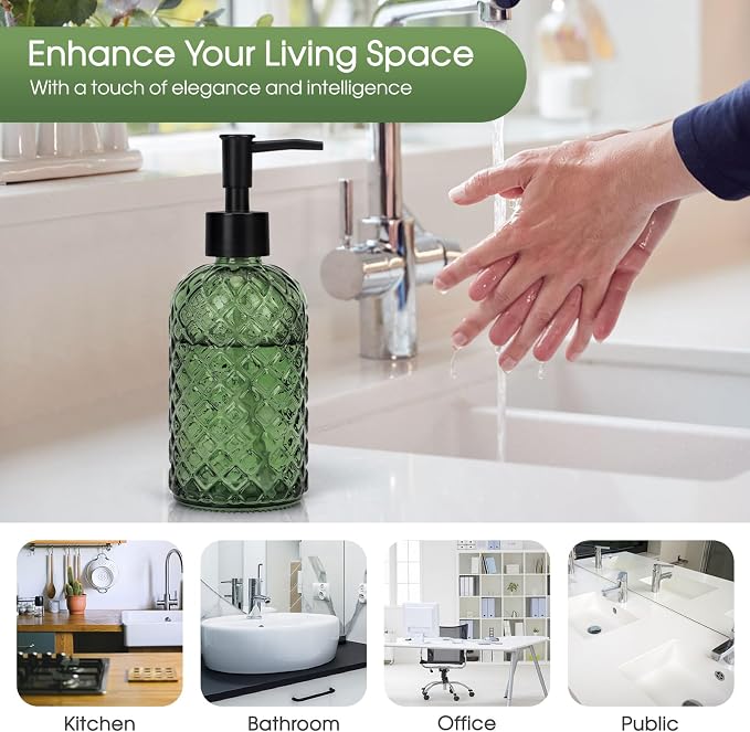Topsky Gem Glass Soap Dispenser with Black Plastic Pump, 13oz Liquid Hand Soap Dispenser, Rustproof Pump for Kitchen & Bathroom, Great for Lotions, Essential Oil, Liquid Soaps-Army Green