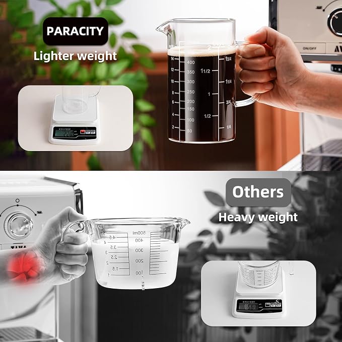 PARACITY 2 Cup Glass Measuring Cup, Liquid Measuring Cups with three Scale and V-Shaped Mouth, Glass Coffee Cups with Handle, Glass Beaker for Kitchen or Restaurant 500 ML | Coffee measuring cup and glass beaker with spout and handle; 3 scales availabl...