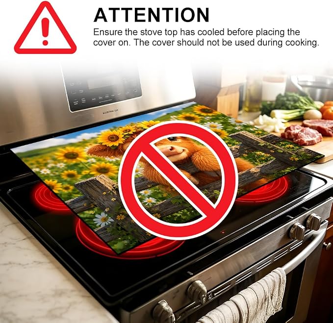 Farmhouse Highland Cow Stove Top Cover 28x20 Inch Electric Stove Cover | Heat Resistant Cooktop Protector Mat with Non-Slip Backing, Scratch Protection and Countertop Drying Mat.