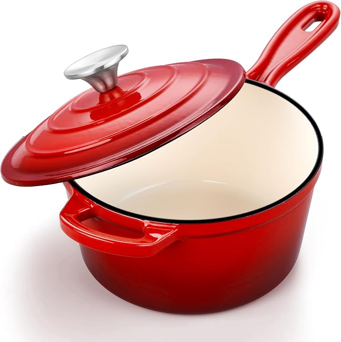 Leonyo 3 Quart Saucepan with Lid, Enamel Cast Iron Sauce Cookware Pot, Red | For All Cooktops Cooking Pasta, Milk, Soup- Up to 500°F & 8Lbs