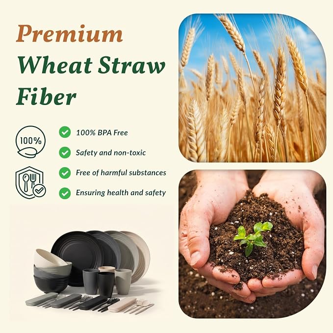 Premium Wheat Straw Dinnerware Sets 28 PCS Unbreakable Plates and Bowls Sets Microwave Safe Dishes Kitchen Utensils for Camping, RV, Party, Apartment, Travel Dishes Set of 4(GreyStone)