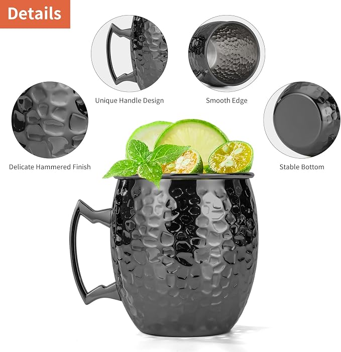 Amrules 16oz Moscow Mule Mugs Hammered with Angled Handle, Black | 304 Stainless Steel Lining, Delicate Hammered Finish, Firm Handle, for Cold Drinks, Cocktails, Wine, Beer, Bars & Parties