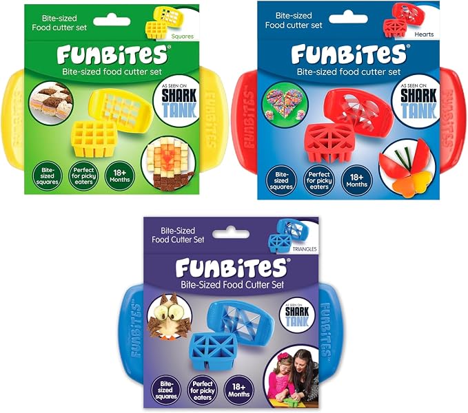 Sandwich Cutter for Kids Lunch, Crustless Bento 2-Pc Set, 3 Pack | Squares, Hearts & Triangles food cutter for toddlers, bite-size shapes, bento lunch accessory, BPA-free, dishwasher safe