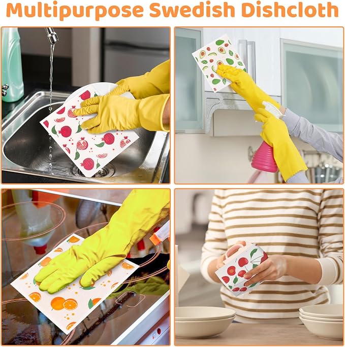 6 Pack Fruit Swedish Dishcloths for Kitchen,Swedish Rags Dish Towels | Reusable Paper Towels with Clips Washable Absorbent Cellulose Sponge Cloths for Countertop Dishes Cleaning