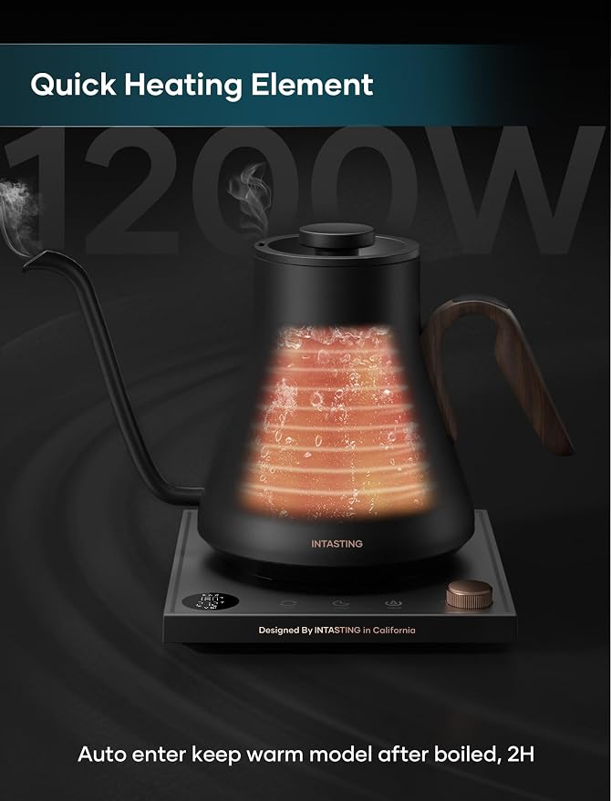 INTASTING Gooseneck Electric Kettle with 1℉ Temperature Control, 0.9 Liter | Fast Heating, Stainless Steel Interior, for Pour Over Coffee, Tea & Boiling Water, Keep Warm, Auto Shut-Off, Matte Black