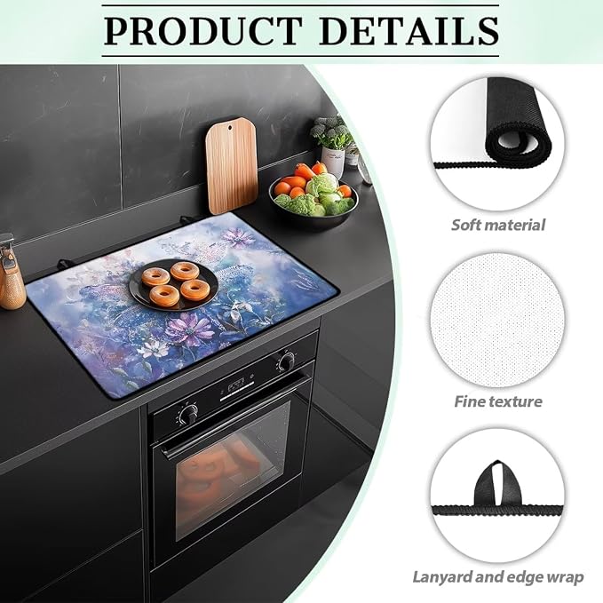 Dragonfly Daisy Print Stove Top Covers Waterproof Electric Stove Cover Mat 29.18 x 20.97 inch Glass Cooktop Protector Large Coffee Machine Mat for Flat RV Range