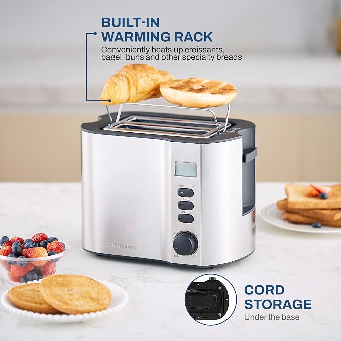 Elite Gourmet ECT2145 2-Slice Toaster, Extra-Wide Slot, Stainless Steel | Bagel, Reheat, Defrost & Cancel Functions, 6 Toast Settings, Built-In Warming Rack, Countdown Timer