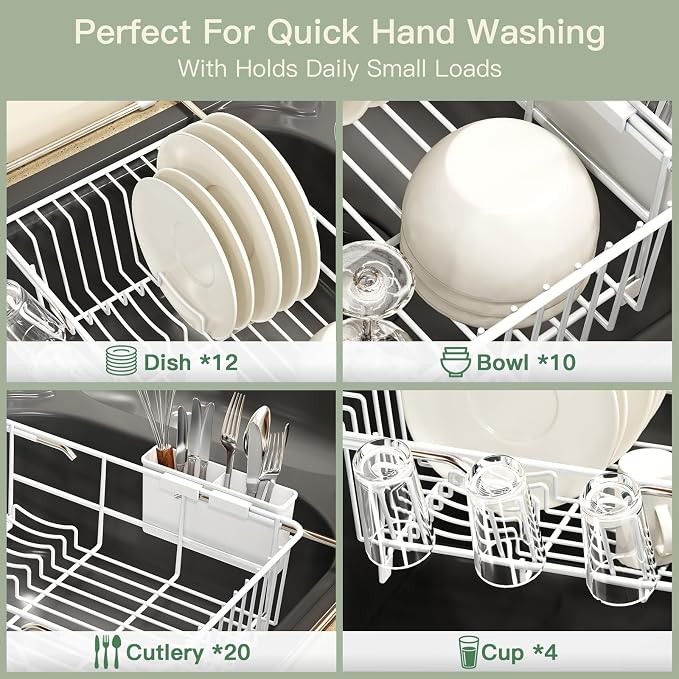 White Dish Drying Rack Over The Sink with Utensil Holder, Mat | Expandable Stainless Steel Dish Drainer for Small Kitchen, Apartment, RV, Counter Space Saving, Perfect Fit, Rustproof
