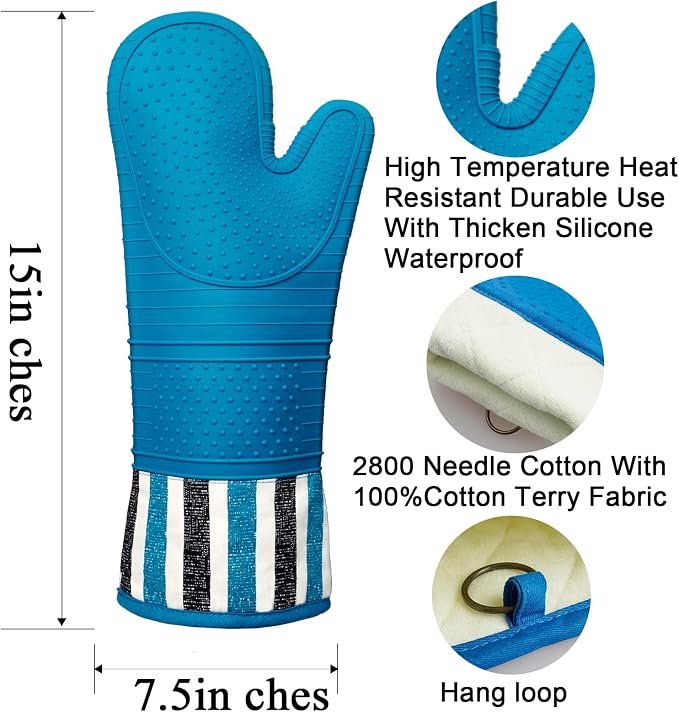 Heat Resistant 550 Degree Oven mitt, Silicone Oven Hot Mitts - 1 Pair, Extra Long Professional Baking Oven Gloves - Food Safe,Pot Holders Cooking,Grilling,Kitchen (Navy)