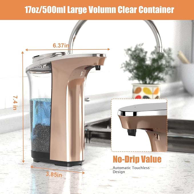 Automatic Soap Dispenser, 17oz Touchless Liquid Dish Soap Dispenser Kitchen | 17OZ Large Capacity, Infrared Sensor, 5 Adjustable Soap Levels, Hand Dispenser for Bathroom Kitchen Sink, Battery Operated