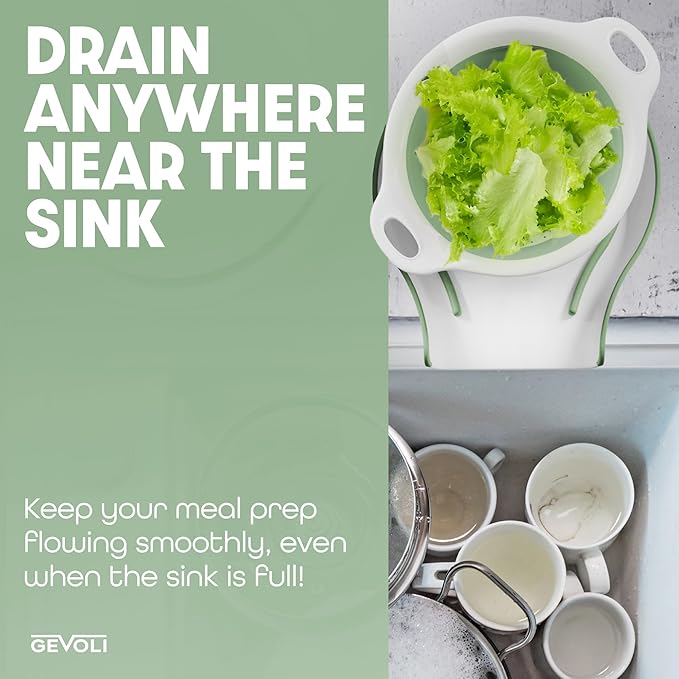 Gevoli Collapsible Colanders (3 Pack Set) Food Strainers with Over-Sink Water Draining Base for Pasta Fruits and Vegetables, White/Sage (3 Sizes, 3QT, 4QT and 5 Quart)