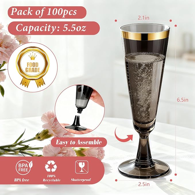100 Pack Plastic Champagne Flutes Black, Disposable Plastic Champagne Glasses with Gold Rim, Wine Glasses Cups for Wedding Celebration Birthday Party Wine Tasting New Years Eve Party Supplies