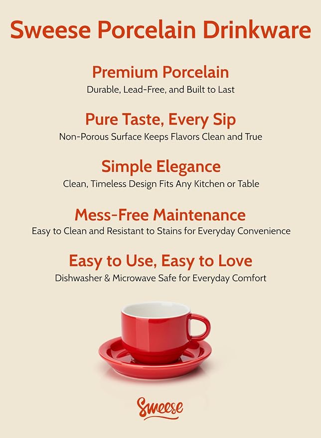 Sweese 2.5 Ounce Porcelain Stackable Espresso Cups with Saucers and Metal Stand Set of 4, Red