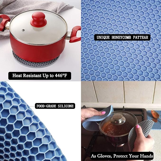 Trivets for Hot Dishes, 4 Pack Silicone Hot Pads for Kitchen, Non-Slip Heat Resistant Silicone Mat for Countertops, Spoon Rest, Multipurpose Food Grade Thick Trivet(Gray& Blue) Pot Holders