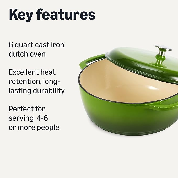 Amazon Basics Enameled Cast Iron Dutch Oven Pot with Lid, Round, Dual Handles, Heavy-Duty, Oven Safe for Stews, Roasting, Baking, 6-Quart, Green