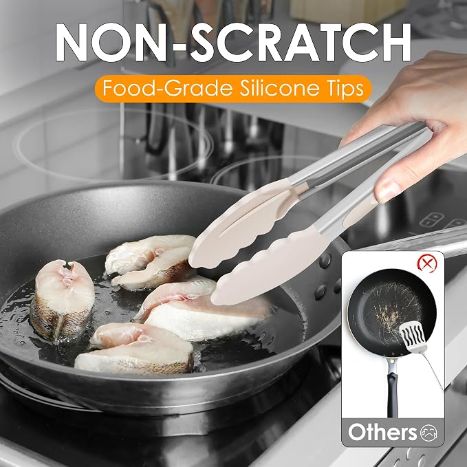 Hotec Silicone Serving Tongs for Cooking 9-Inch Kitchen Tongs with Silicone Tips, Set of 3 (Khaki)