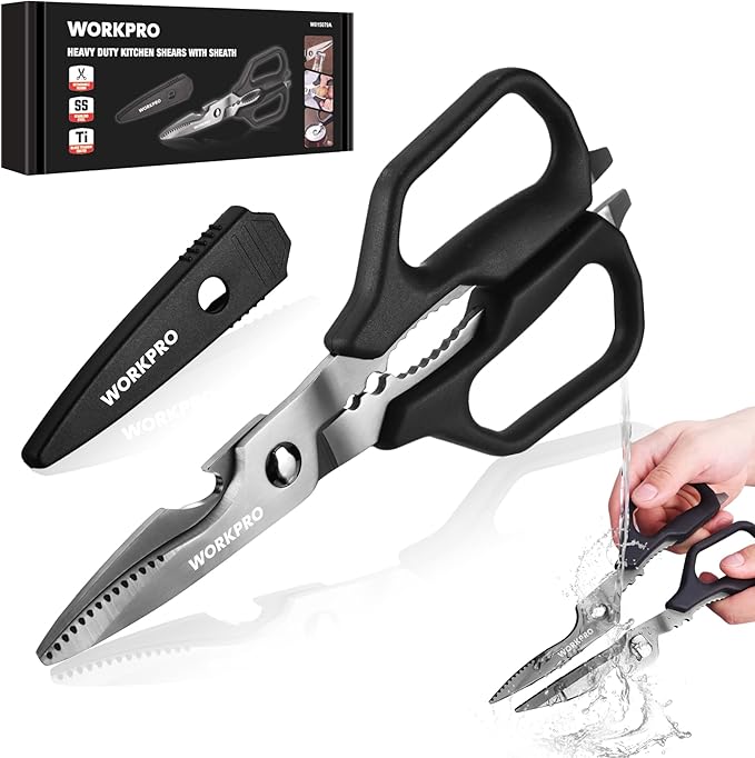 WORKPRO Kitchen Scissors, All Purpose Kitchen Shears Titanium Coated | Detachable Stainless Steel Blades, for Easy Cleaning, Heavy Duty for Meat, Fish, Nuts, Vegetables, Protective Cover Included