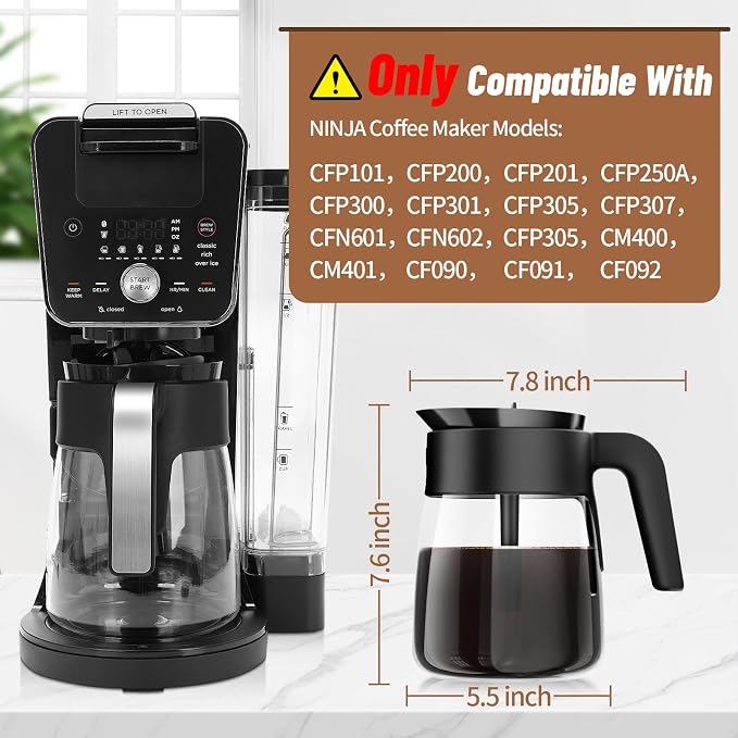 12 Cup Coffee Pot Replacement for Ninja Coffee Maker CFP101 CFP201 CFP301 CFN601 CFP250A CFP300 CFP307, Glass Carafe Replacement with Brew-Through Lid, Ninja Coffee Pot Replacement with Sturdy Handle