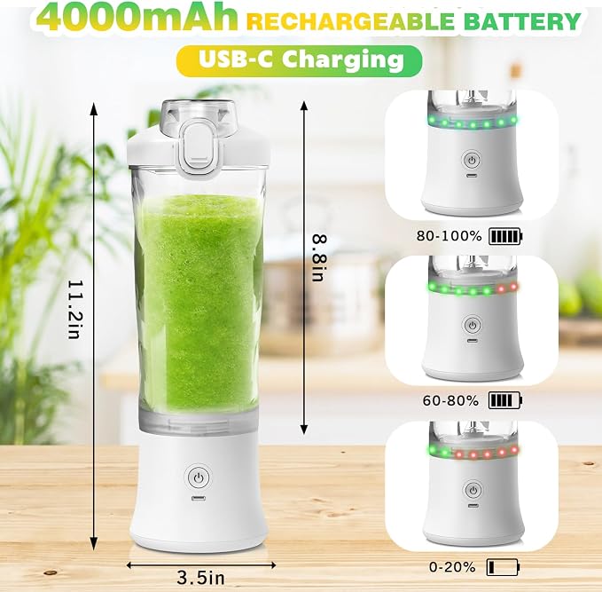 Portable Blender Personal Juicer for Shakes Smoothies with Insulated Sleeve | 20 Oz Electric Protein Shaker Bottle, Travel Lid, USB-C Rechargeable, Mini Small Cordless Blender Cup for Kitchen Travel Gym