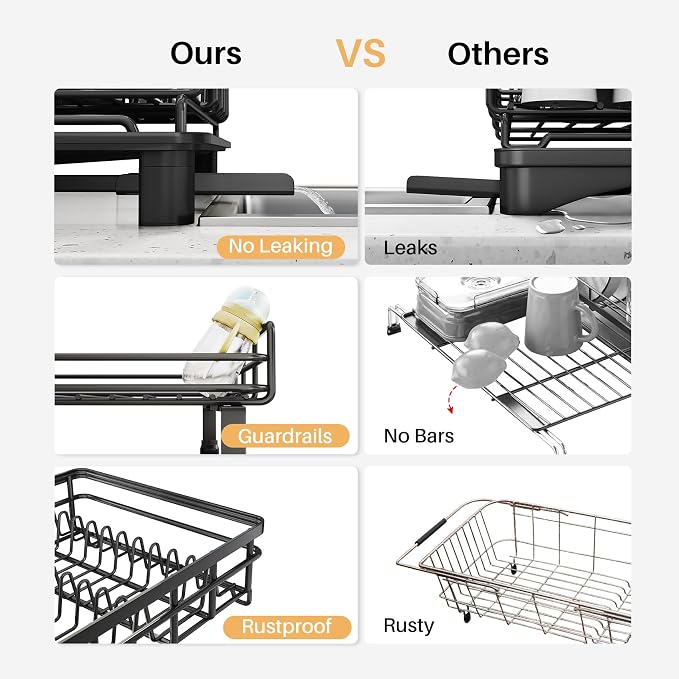 Expandable Dish Drying Rack for Kitchen Counter, Stainless Steel, Black | Foldable Over Sink, Large Capacity, Adjust to Fit Most Sinks, Angled Drainboard, Removable Utensil Holder, Slip Resistant