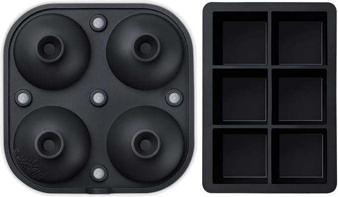 Samuelworld Large Silicone Premium Ice Trays, 2 Inches Big Cubes & 2.5 Inches Sphere Ice Molds - BPA Free, Craft Ice Maker for Gifting, Easy Release - Black(With Ice Bag)