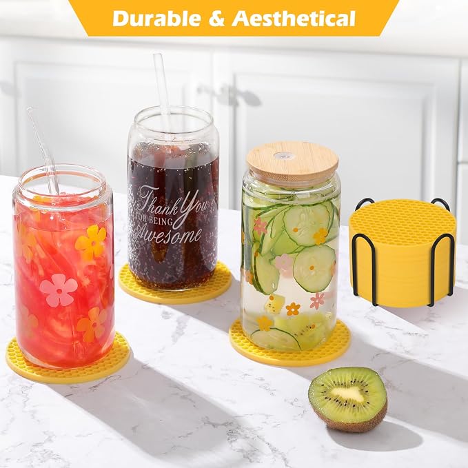 TWTLi Silicone Coasters Set of 6 with Holder — Non-Slip Drink Coasters for Coffee Table, Home Bar & Kitchen, Protects Wood & Marble Surfaces from Water Rings, Dishwasher Safe (Yellow)