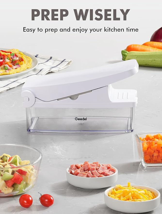 Geedel Vegetable Chopper with Container, 4 in 1 Food Chopper Veggie Slicer | Onion Chopper, 420 Stainless Steel, Safety Lock, Dishwasher Safe, No BPA, Cleaning Brush Included, for Vegetables, Cheese