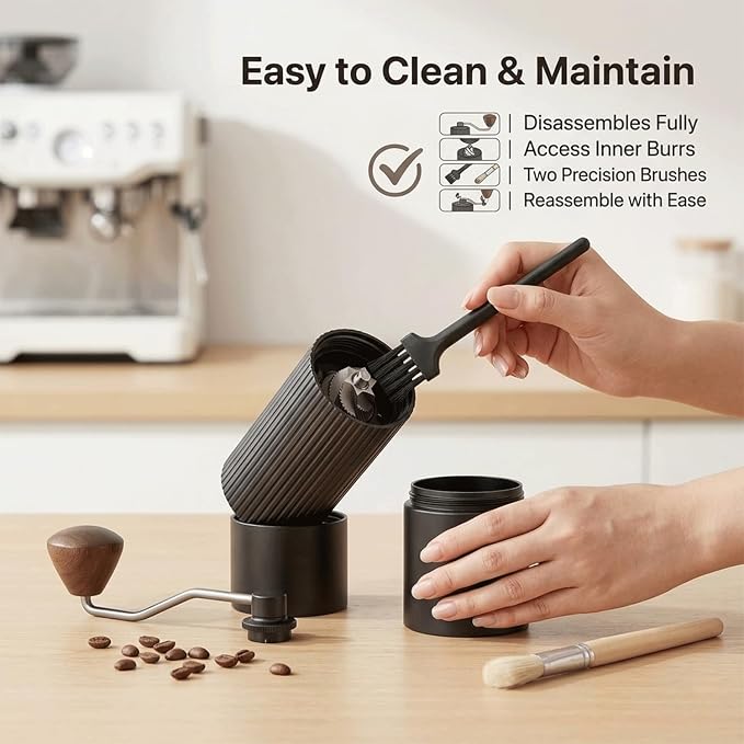 Manual Hand Coffee Grinder with Stainer, Adjustable 40mm Stainless Steel Burr, Portable Hand Crank Coffee Mill, 30g Capacity for Espresso, Turkish & French Press, Aluminium Body with Walnut Handle