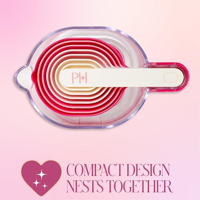 Paris Hilton 9-Piece Measuring Set, Durable Plastic Measuring Cups and Spoons With Funnel and Leveler, Dishwasher Safe, Pink
