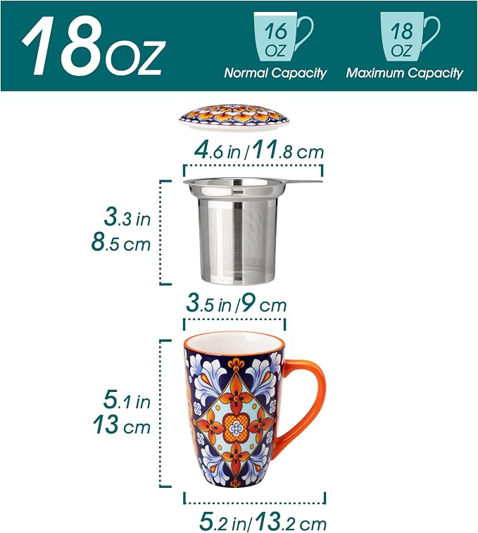 vancasso Ceramic Tea Mug with Infuser and Lid, 18 Ounce Bohemian Loose Leaf Cup, Microwave & Dishwasher Safe, Perfect for Tea, Coffee, Navy-Burnt Baroque