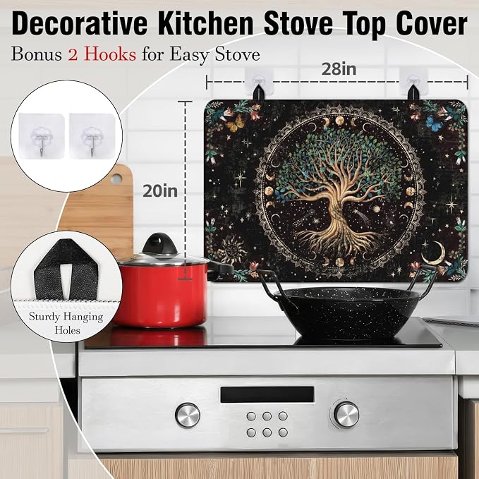 Boho Glass Stove Top Cover for Electric Stoves,Moon Phase Tree of Life Botanical Floral Stove Top Cover for Kitchen Decor,Heat Resistant Cooktop Protector Mat,Non-Slip Washable Dish Drying Mat 28"x20"