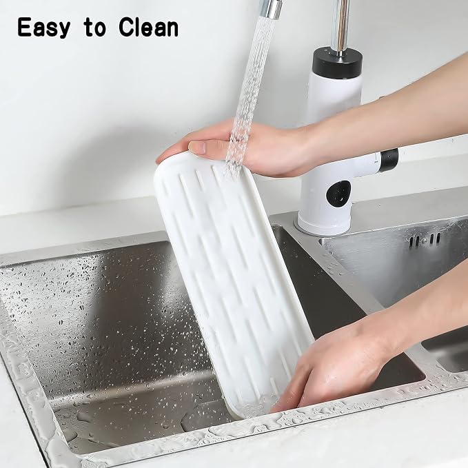 MicoYang Silicone Kitchen Sink Organizer Tray for Multiple Usage,Eco-Friendly Sponges Holder for Kitchen Bathroom Counter or Sink,Dish Soap Dispenser,Scrubber,Bottle,Cup (White, 12"×4")
