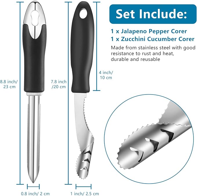2 Pieces Jalapeno Pepper Corer Zucchini Cucumber Corer Remover with Serrated Slice and Rubber Handle Seed Remover or Slice Off Vegetables Tops for Kitchen | Rubber Handle, Chili Pepper Deseeder, Core Remover for Squash Poblano Veggie