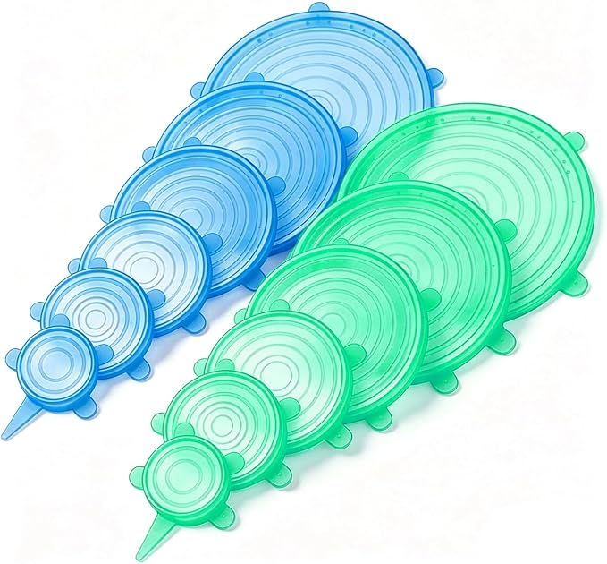 12 pcs Silicone Stretch lids set(6 Sizes,blue&green) | Reusable Food Storage Covers,Flexible to Fit All Shape of Containers,Food Cover to Keep Food Fresh