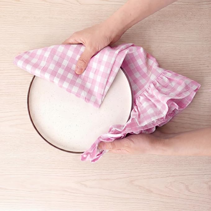 HunnmingRe 2 Pcs Hot Pink Gingham Kitchen Towels Cotton Ruffled | Checked Dish Towels 18"x28" Tea Cloths Plaid Cottage Core Kitchen Decor for Farmhouse Charm Drying Dishes Entertaining Guests