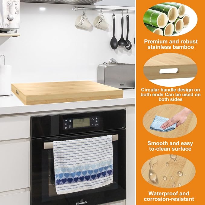 Bamboo Noodle Board Stove Cover for Electric and Gas Stoves - Sink Cover, 30"L x 22"W x 2.5H" - Double-Sided Usable
