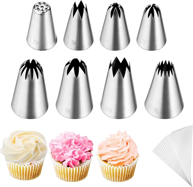 8Pcs Large Piping Tips Set,Stainless Steel Icing Tips with 10 Disposable Pastry Bags for Cake Decorating