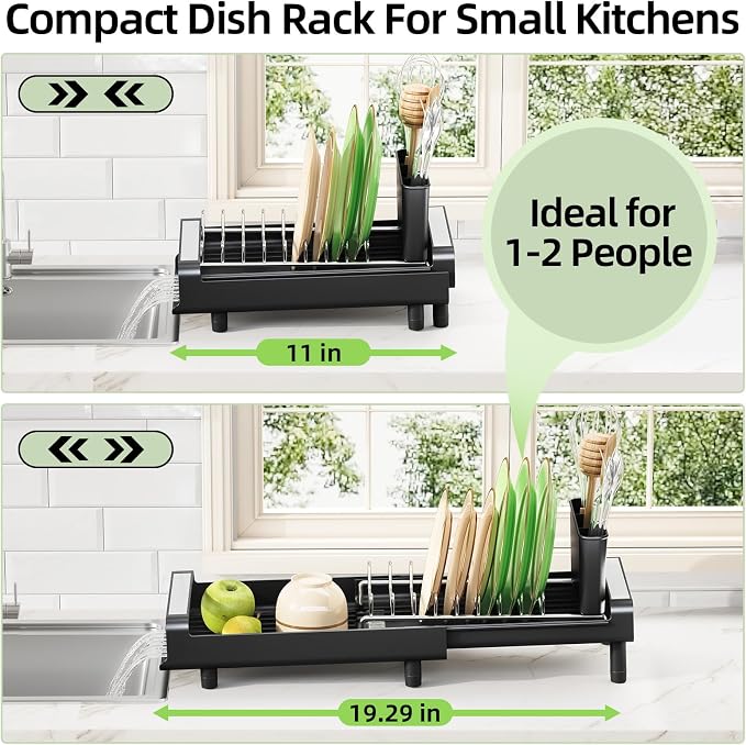 TOOLF Small Dish Drying Rack, Expandable and Space-Saving, Matte Black | Mini Dish racks for kitchen counter, Compact Design Fits Sink or Counter, Stainless Steel Plate Rack, 11"-19.3"L×7.7"W×3.54"H