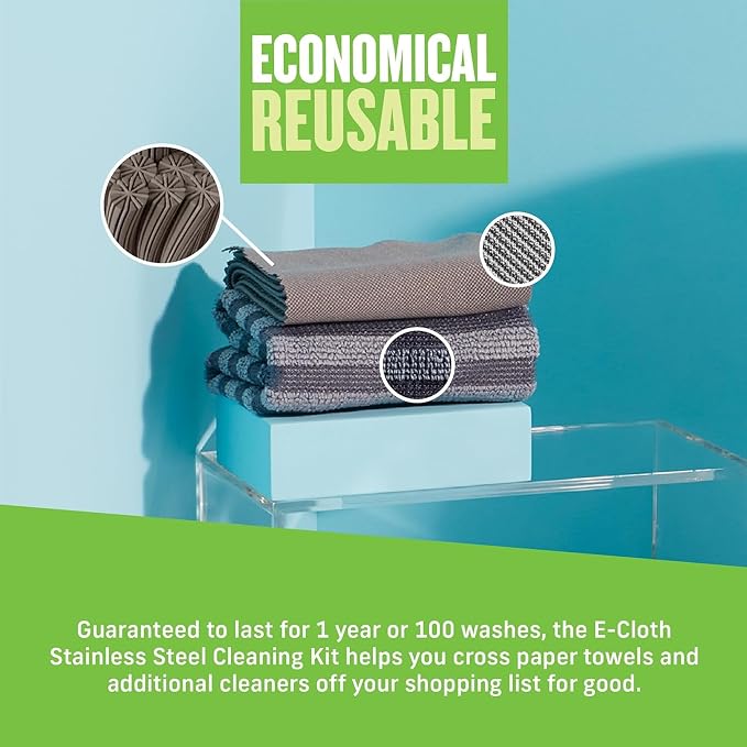 E-Cloth Stainless Steel Cleaning Cloth Pack - Wipes Clean with Water | Glass & Polishing + Stainless Steel Cleaner Cloth for Appliances, Cars & More, Reusable & Washable Towels