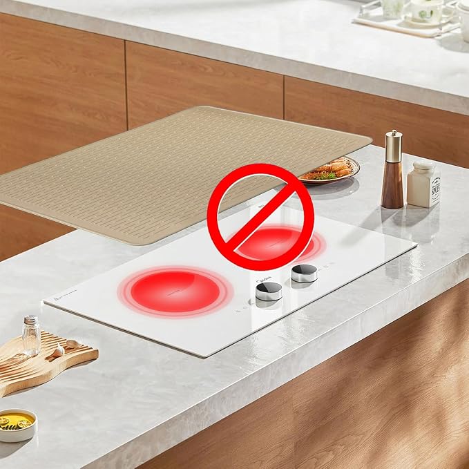 Stove Top Cover for Electric Stove - Food Grade Ceramic Stove top Cover, Silicone XXL Dish Drying Mat, Glass Cooktop Covers, Flat RV Range top Mats (Taupe Thickened,28x20)