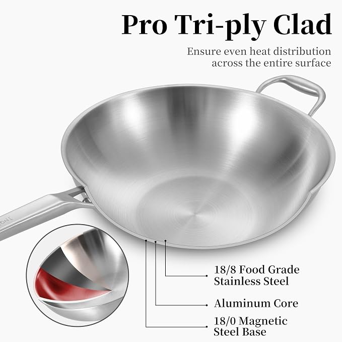 Inqibee 13 Inch Stainless Steel Wok Pan with Lid, Detachable Handle | Uncoated Tri-Ply Stainless Steel Stir Fry Pan, Everyday Cooking Wok for Induction, Flat Bottom, Dishwasher & Oven Safe