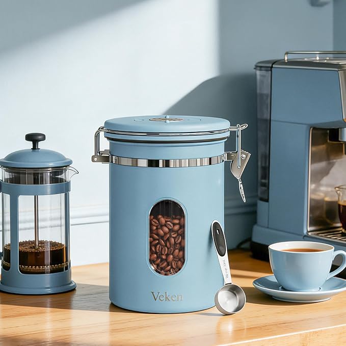 Veken Coffee Canister with Window, Airtight Stainless Steel Container, 22OZ | Date Tracker,Kitchen Food Storage Organizers for Beans, Ground, Espresso, Rice,Tea, Sugar,Cereal, Gifts,Lids,Jars,Scoop, Blue